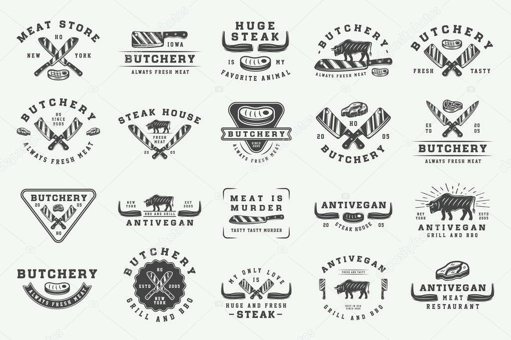 Set of vintage butchery meat, steak or bbq logos, emblems, badges, labels. Graphic Art. Illustration. Vector.