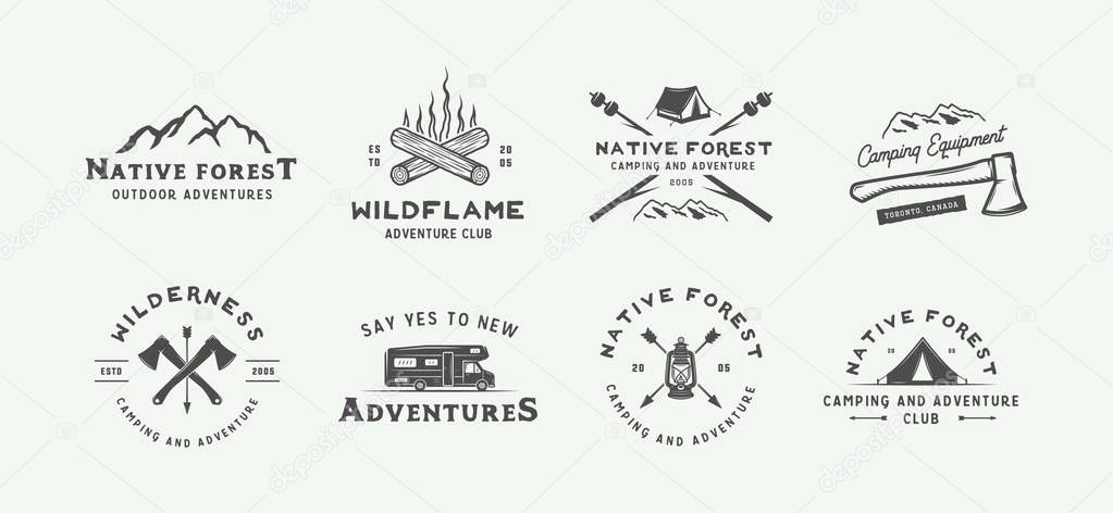 Set of vintage camping outdoor and adventure logos, badges, labels, emblems, marks and design elements. Graphic Art. Vector Illustration.