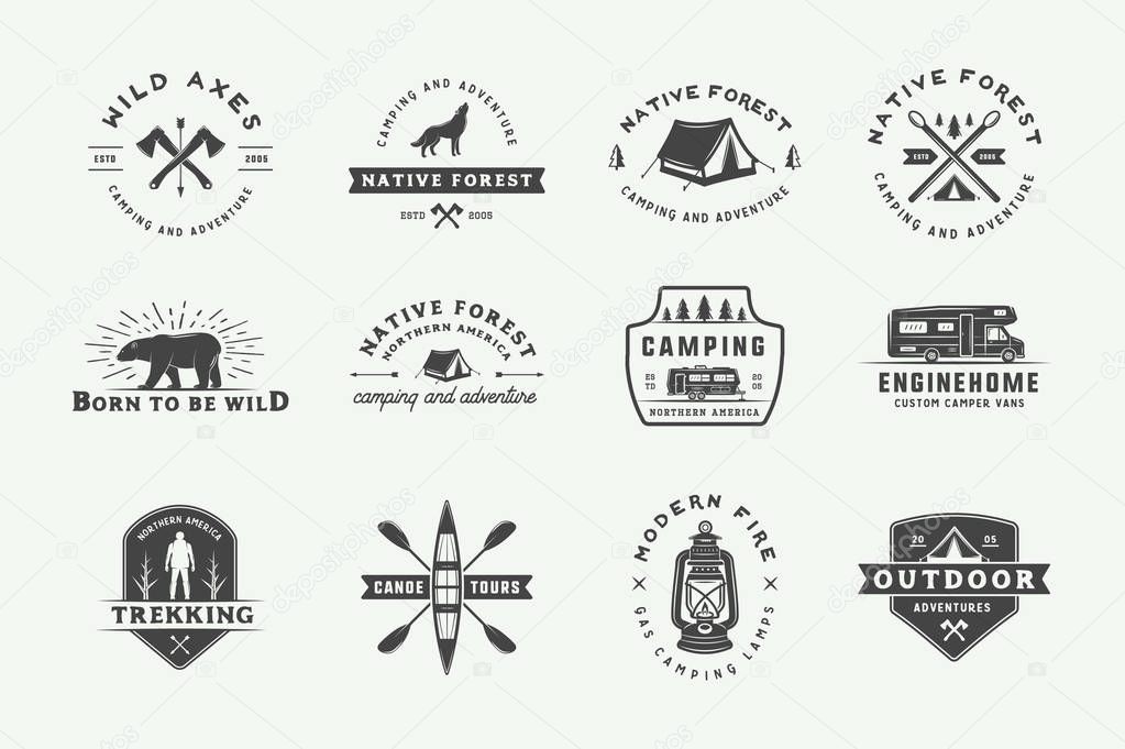 Set of vintage camping outdoor and adventure logos, badges, labels, emblems, marks and design elements. Graphic Art. Vector Illustration.