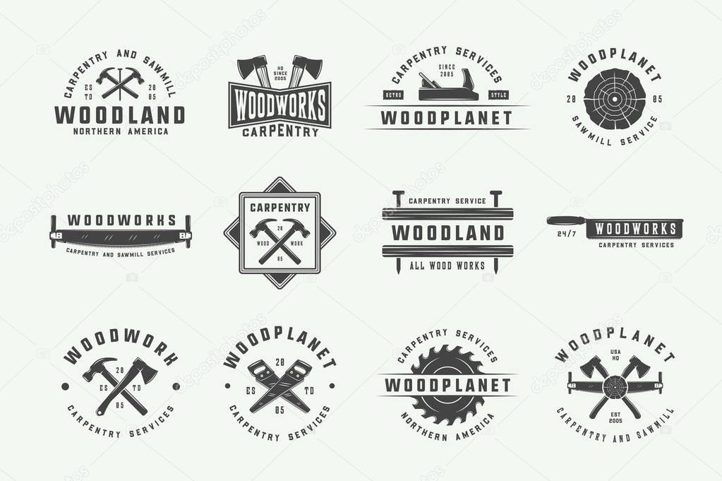 Set of vintage carpentry, woodwork and mechanic labels, badges, emblems and logo. Vector illustration. Monochrome Graphic Art.