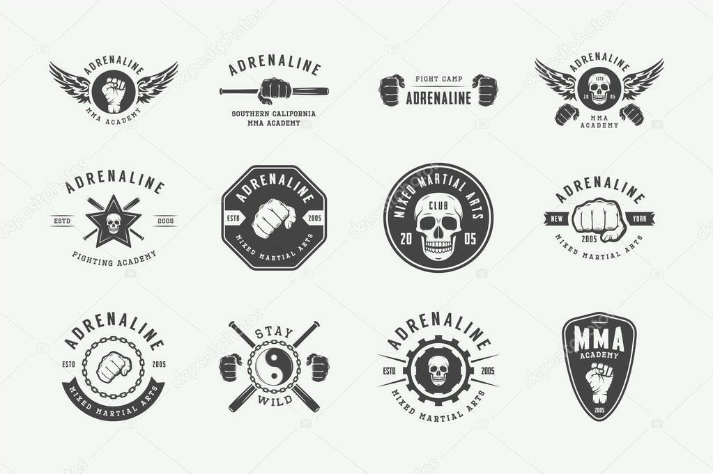 Set of vintage mixed martial arts or fighting club logos, emblems, badges, labels, marks and design elements. Retro graphic art. Vector Illustration.