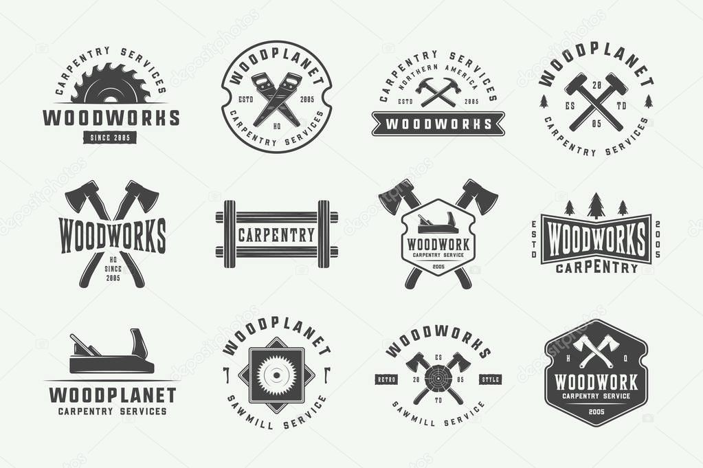 Set of vintage carpentry, woodwork labels, badges, emblems and logo. Vector illustration. Monochrome Graphic Art.