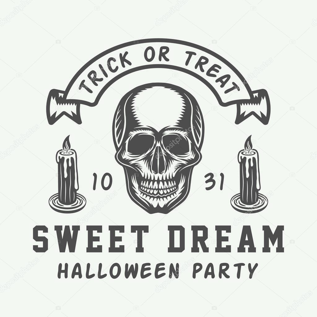 Vintage retro halloween logo, emblem, badge, label, mark, patche. Monochrome Graphic Art. Illustration. Vector.