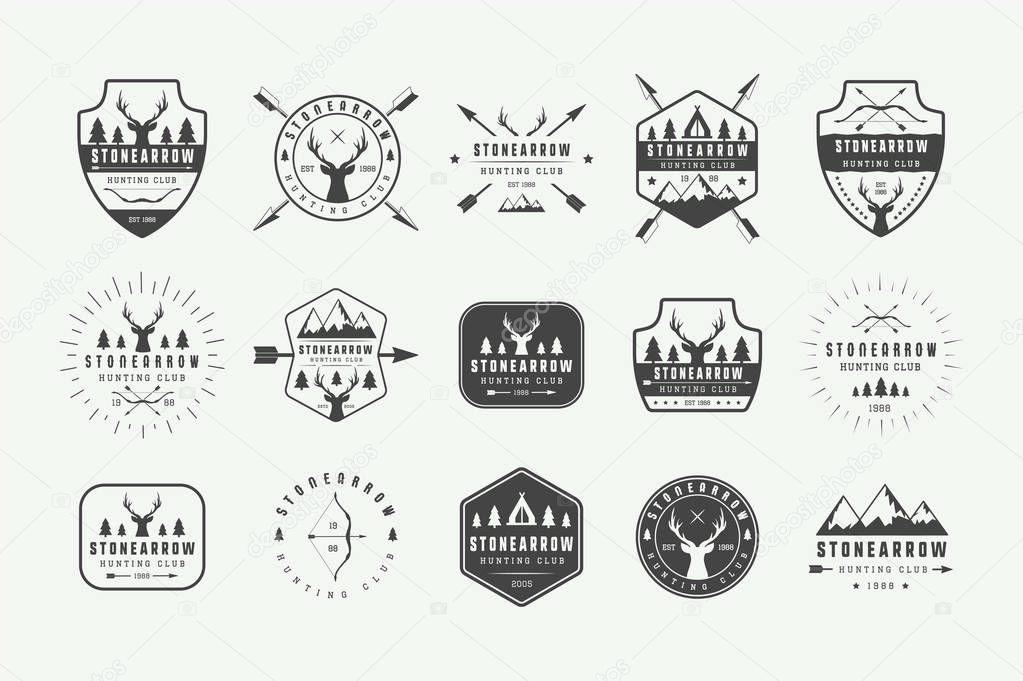 Set of vintage hunting labels, logos, badges, emblems, marks and design elements. Vector Illustration. Monochrome Graphic Art.