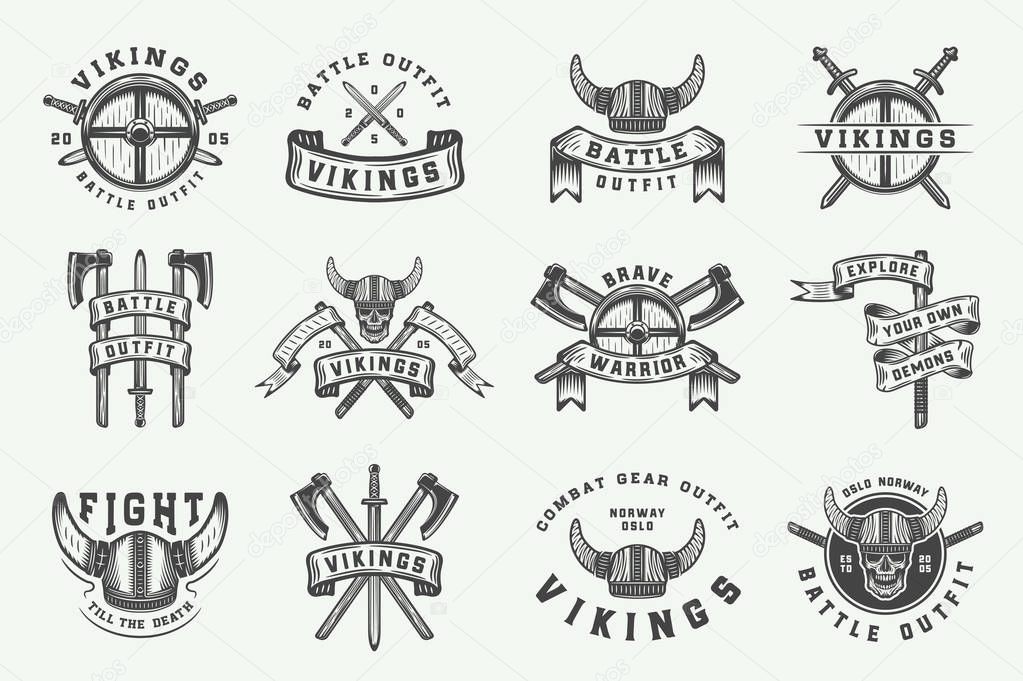 Set of vintage vikings motivational logo, label, emblem, badge in retro style with quote. Monochrome Graphic Art. Vector Illustration.