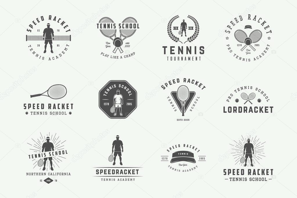 Set of vintage tennis logos, emblems, badges, labels and design elements. Vector illustration. Monochrome Graphic Art.