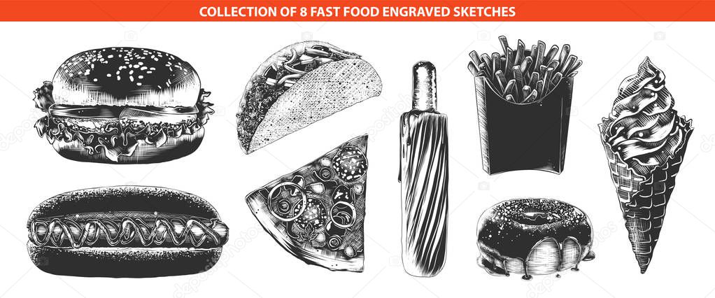 Vector engraved style fast food menu collection for posters, decoration, logo, emblem. Hand drawn sketches of in monochrome isolated on white background. Detailed vintage woodcut style drawing.
