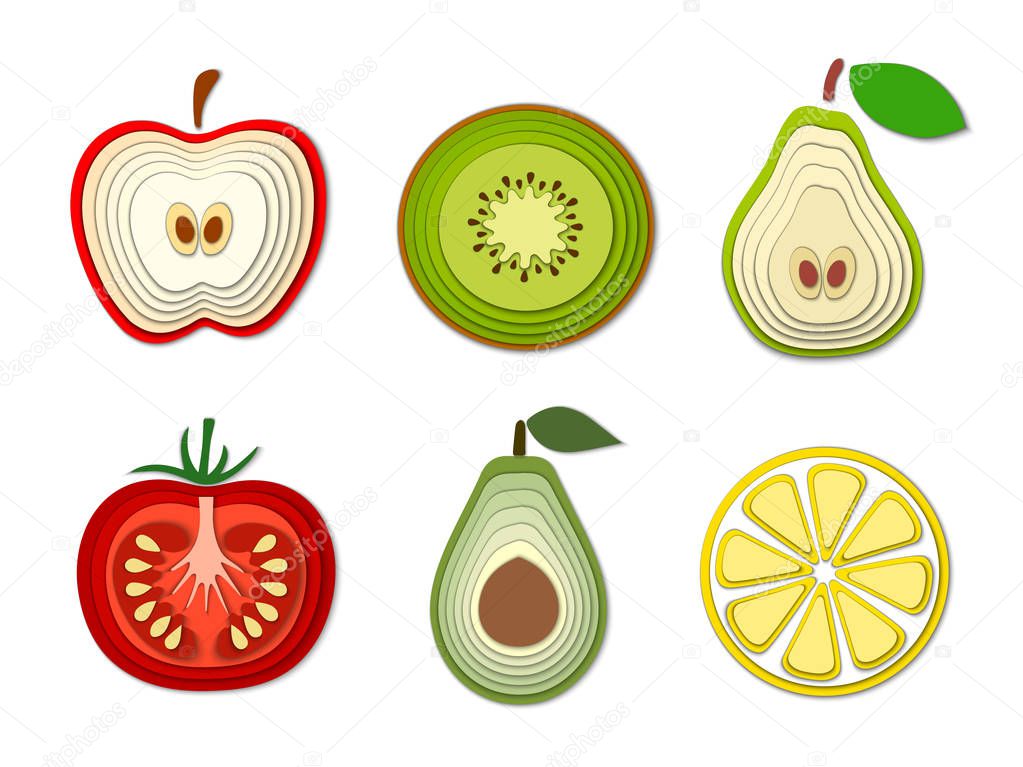 Vector set of paper cut fruits and vegetables, cut shapes. 3D abstract paper art style, origami concept design, food packaging, advertising, detox, cosmetics, healthy eating.
