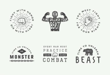 Boks ve dövüş sanatları logo rozetleri ve vintage tarzı Etiketler. Inspirational quotes ile Motivasyona posterler. 