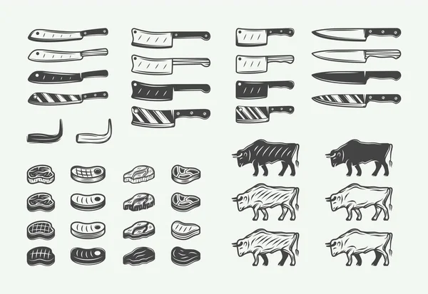 Набір вінтажних ретро м'ясних елементів барбекю. Може використовуватися для логотипів, емблем, значків, етикеток . — стоковий вектор