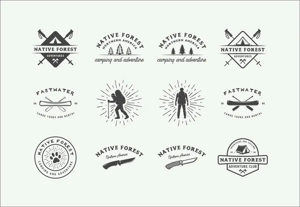 Ensemble de logos, badges, étiquettes, emblèmes, marques et éléments de design vintage de camping en plein air et aventure . — Image vectorielle