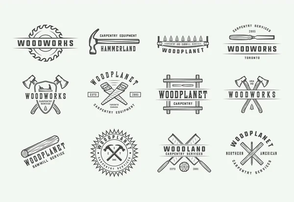 Set of vintage carpentry, woodwork and mechanic labels, badges, emblems and logo. — Stock Vector