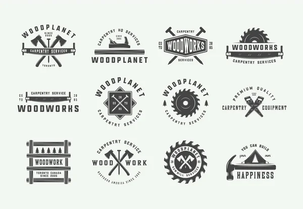 Set vintage timmerwerk, houtbewerking en monteur labels, badges, emblemen en logo. — Stockvector