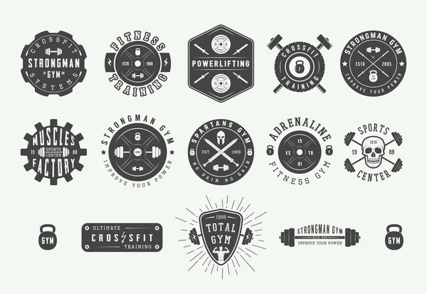 Set de logo-uri de fitness de epocă, embleme, insigne, etichete, mărci și elemente de design . — Vector de stoc
