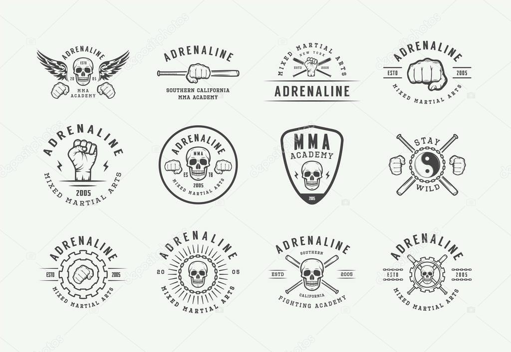 Set of vintage mixed martial arts or fighting club logos, emblems, badges, labels, marks and design elements. Retro graphic art. Vector Illustration.