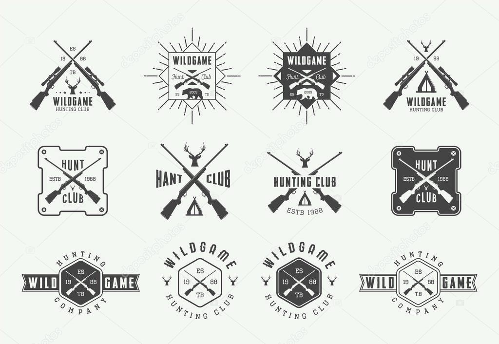 Set of vintage hunting labels, logos, badges, emblems, marks and design elements. Vector Illustration. Monochrome Graphic Art.
