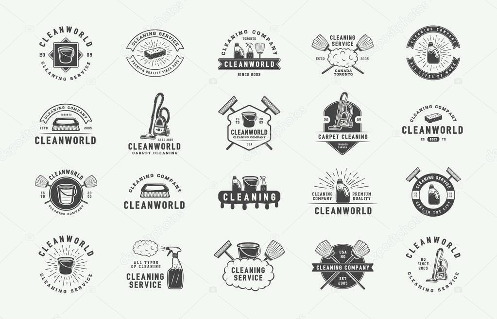 Set of retro cleaning logo badges, emblems and labels in vintage style. Monochrome Graphic Art. Vector Illustration.