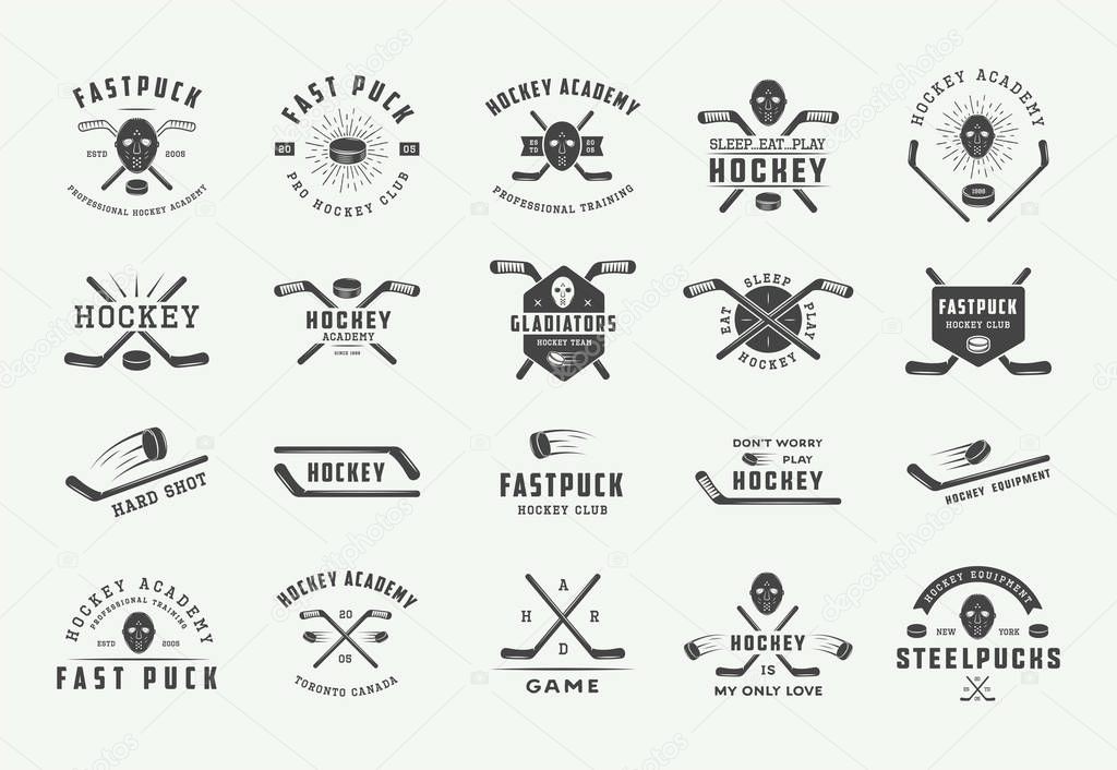 Set of vintage hockey emblems, logos, badges, labels and design elements. Graphic Art. Vector Illustration.
