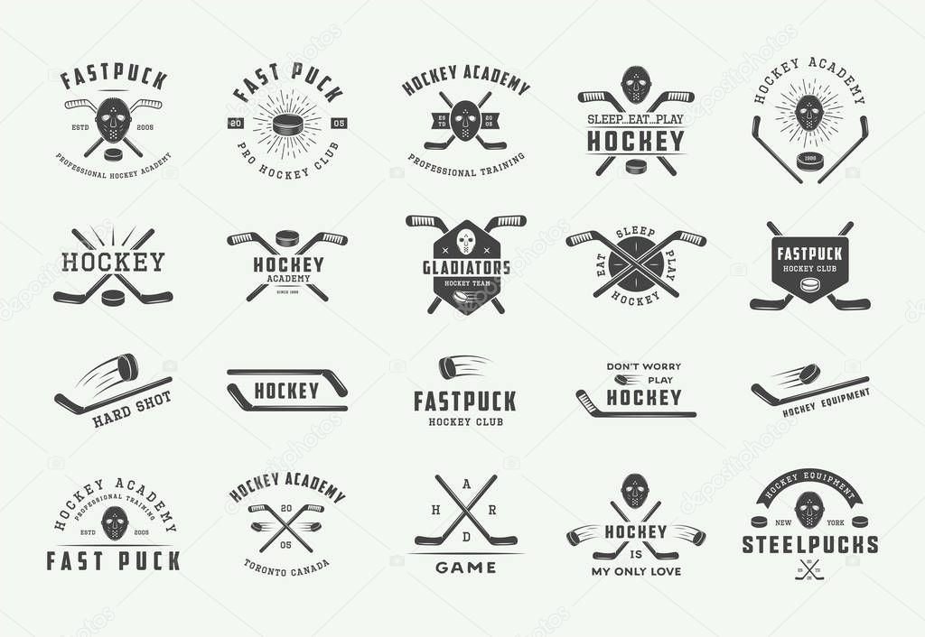 Set of vintage hockey emblems, logos, badges, labels and design elements. 