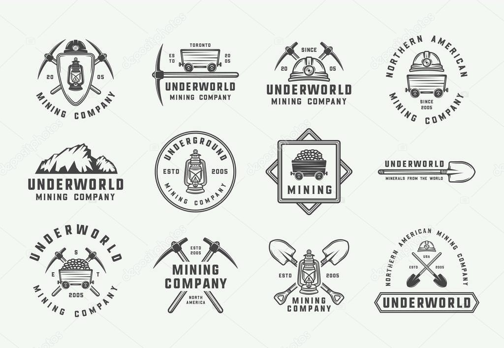 Set of retro mining or construction logos, badges, emblems and labels in vintage style. Monochrome Graphic Art. Vector Illustration.