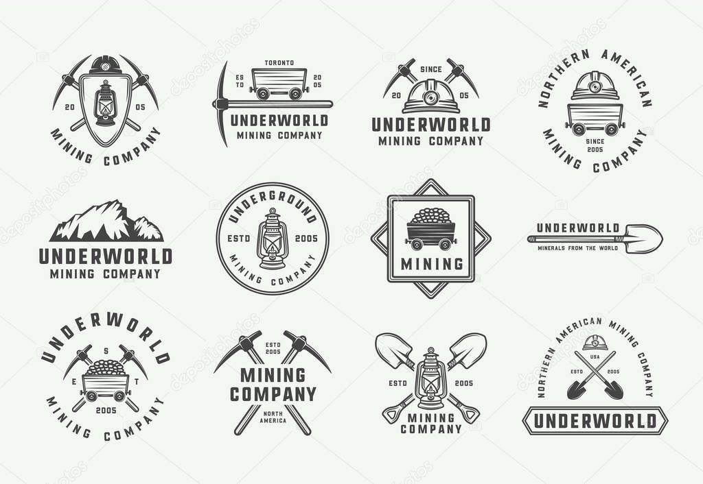 Set of retro mining or construction logos, badges, emblems and labels in vintage style. 