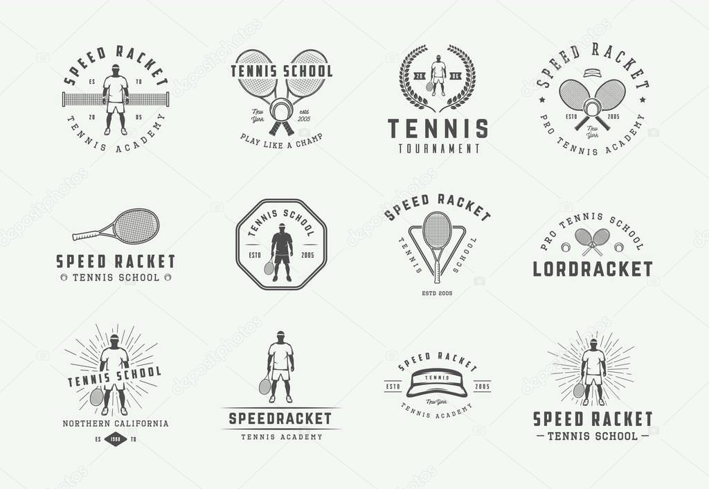 Set of vintage tennis logos, emblems, badges, labels and design elements. Vector illustration. Monochrome Graphic Art.