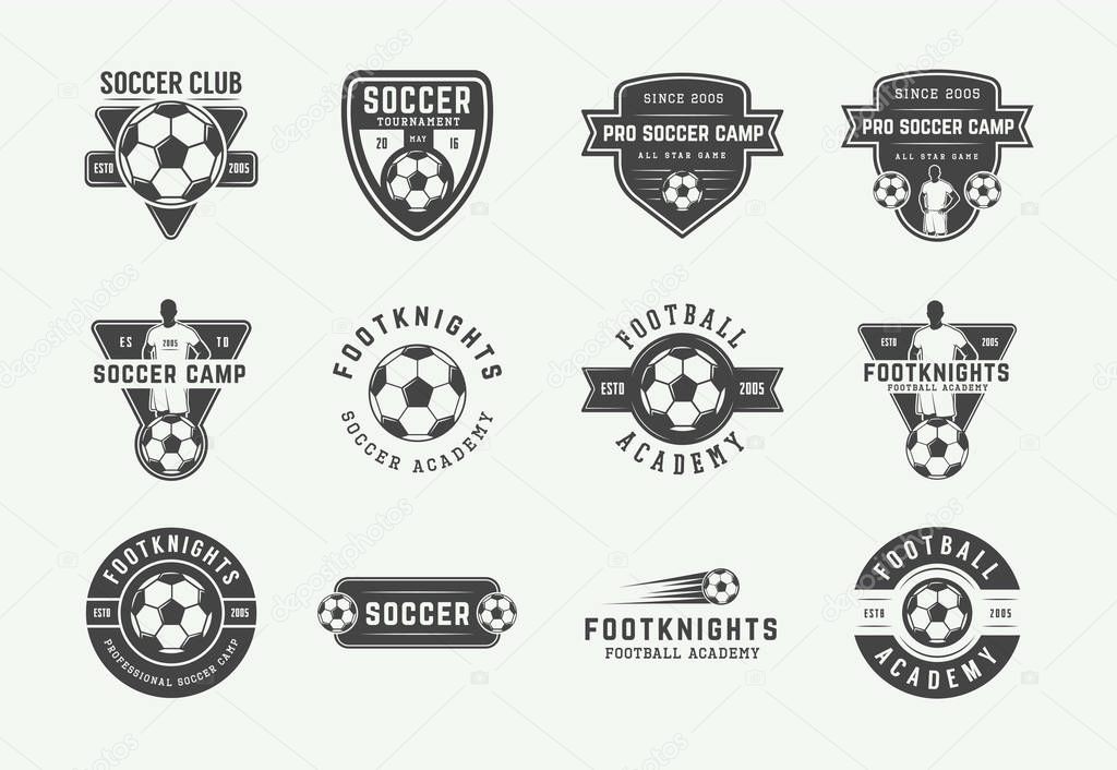 Set of vintage soccer or football logo, emblem, badge. Vector illustration. Graphic Art.