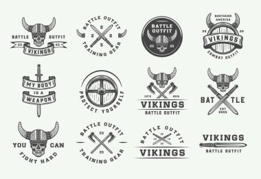 Dizi vintage Vikingler motivasyonel logosu, etiket, amblem, alıntı ile retro tarzı rozeti.
