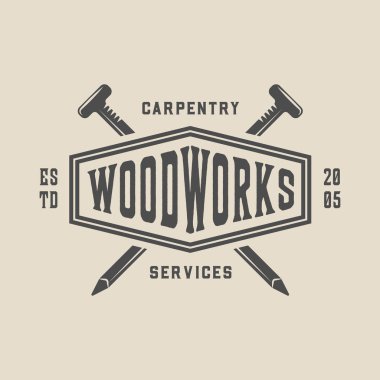 Vintage marangozluk, ahşap işi ve mekanik etiket, rozet, amblem ve logo.