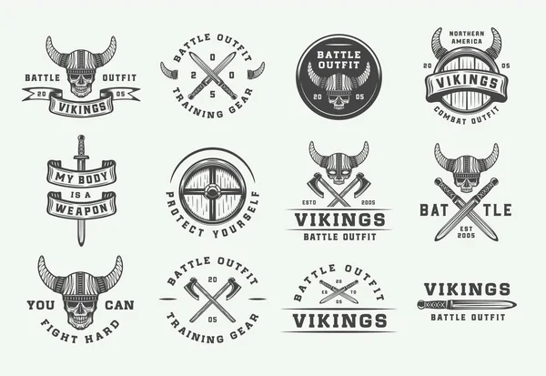 Set de vikingi de epocă logo motivațional, etichetă, emblemă, insignă în stil retro cu citat . — Vector de stoc