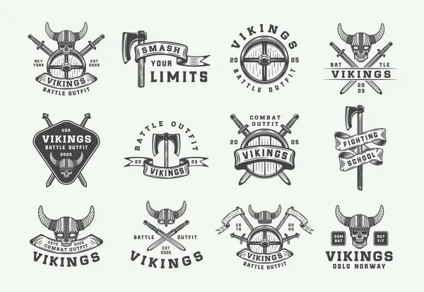 Set of vintage vikings motivational logo, label, emblem, badge in retro style with quote. — Stock Vector