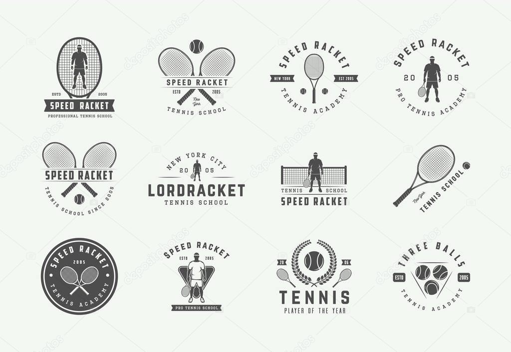 Set of vintage tennis logos, emblems, badges, labels and design elements.