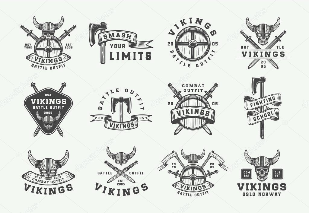 Set of vintage vikings motivational logo, label, emblem, badge in retro style with quote. Monochrome Graphic Art. Vector Illustration.
