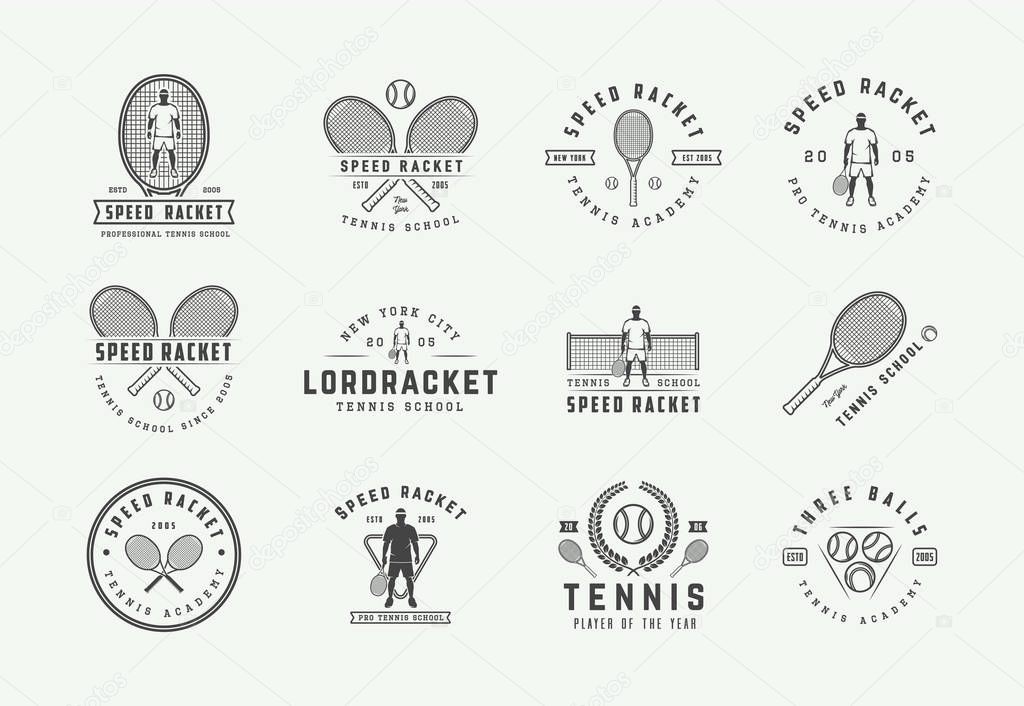 Set of vintage tennis logos, emblems, badges, labels and design elements. Vector illustration. Monochrome Graphic Art.
