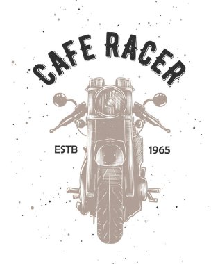Tebrik kartları, t-shirt tasarım, logo, dekorasyon, baskılar ve poster için el çizilmiş benzersiz tipografi tasarım elemanı ile vektör kartı. Motorcyrcle kazınmış kroki ile Cafe Racer. 