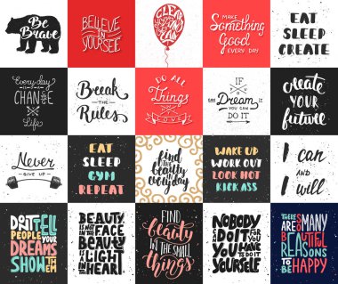 20 vektör motivasyonel ve ilham verici yazı poster, tebrik kartları, dekorasyon, baskılar, t-shirt tasarımı ayarlayın. El çizimi tipografi. El yazısı yazı. Modern mürekkep fırçası kaligrafi. 