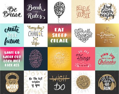 20 vektör motivasyonel ve ilham verici yazı poster, tebrik kartları, dekorasyon, baskılar, t-shirt tasarımı ayarlayın. El çizimi tipografi. El yazısı yazı. Modern mürekkep fırçası kaligrafi. 