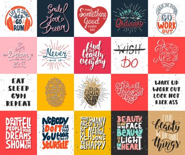 20 vektör motivasyonel ve ilham verici yazı poster, tebrik kartları, dekorasyon, baskılar, t-shirt tasarımı ayarlayın. El çizimi tipografi. El yazısı yazı. Modern mürekkep fırçası kaligrafi. 