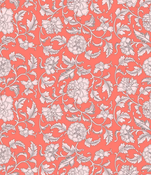 Ornamental bela cor coral antigo floral sem costura padrão com peônias. Textura asiática para impressão em embalagens, têxteis, papel, capas, fabricação, papéis de parede . —  Vetores de Stock