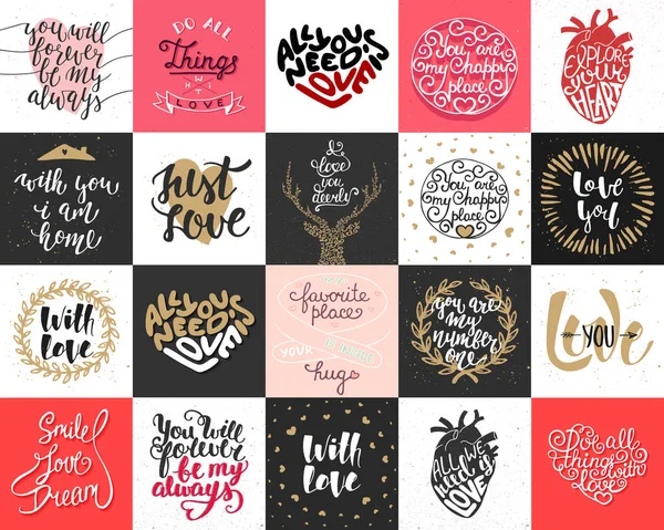 Set de 20 carteles de amor vectorial y letras románticas, tarjetas de felicitación, decoración, estampados, diseño de camiseta. Tipografía dibujada a mano. Letras manuscritas. Caligrafía moderna de pincel de tinta . — Archivo Imágenes Vectoriales