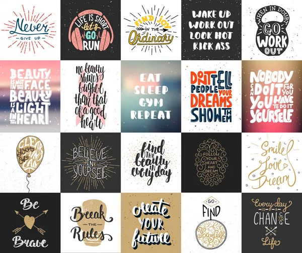 20 vektör motivasyonel ve ilham verici yazı poster, tebrik kartları, dekorasyon, baskılar, t-shirt tasarımı ayarlayın. El çizimi tipografi. El yazısı yazı. Modern mürekkep fırçası kaligrafi. 