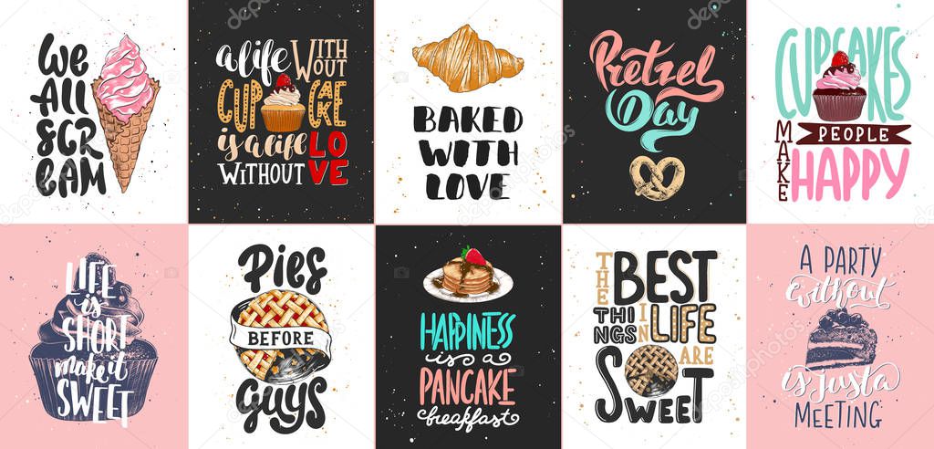 Set of bakery and sweet food lettering posters, greeting cards, decoration, prints. Hand drawn typography design elements. Handwritten lettering. Modern ink brush calligraphy.