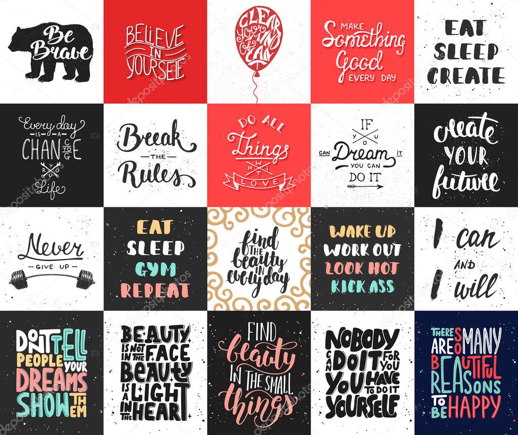 Set of 20 vector motivational and inspirational lettering posters, greeting cards, decoration, prints, t-shirt design. Hand drawn typography. Handwritten lettering. Modern ink brush calligraphy.