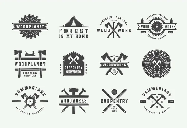 Set of vintage carpentry, woodwork and mechanic labels, badges — Stock Vector