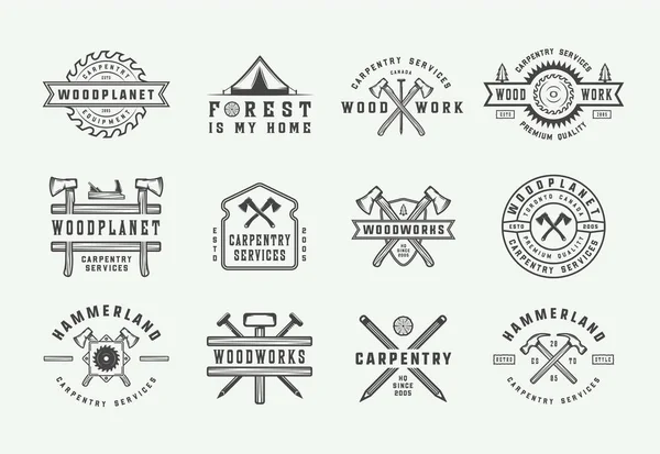 Set of vintage carpentry, woodwork and mechanic labels, badges — Stock Vector