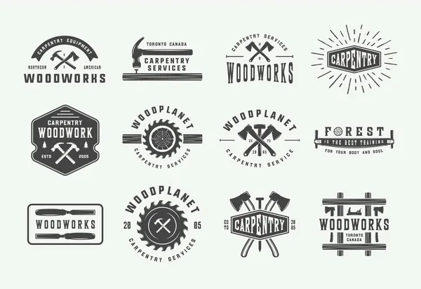 Set of vintage carpentry, woodwork and mechanic labels, badges — Stock Vector