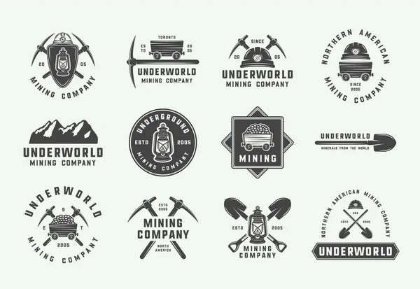 Ensemble de logos, insignes, emblèmes d'exploitation minière ou de construction rétro — Image vectorielle