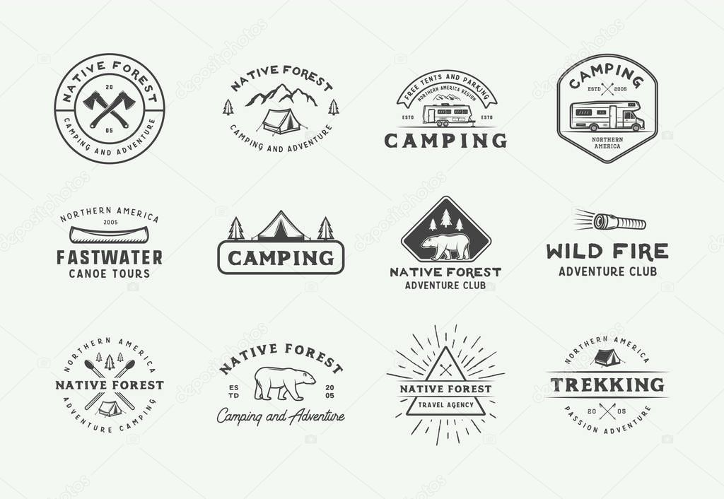 Set of vintage camping outdoor and adventure logos, badges, labels, emblems, marks and design elements. Graphic Art. Vector Illustration.