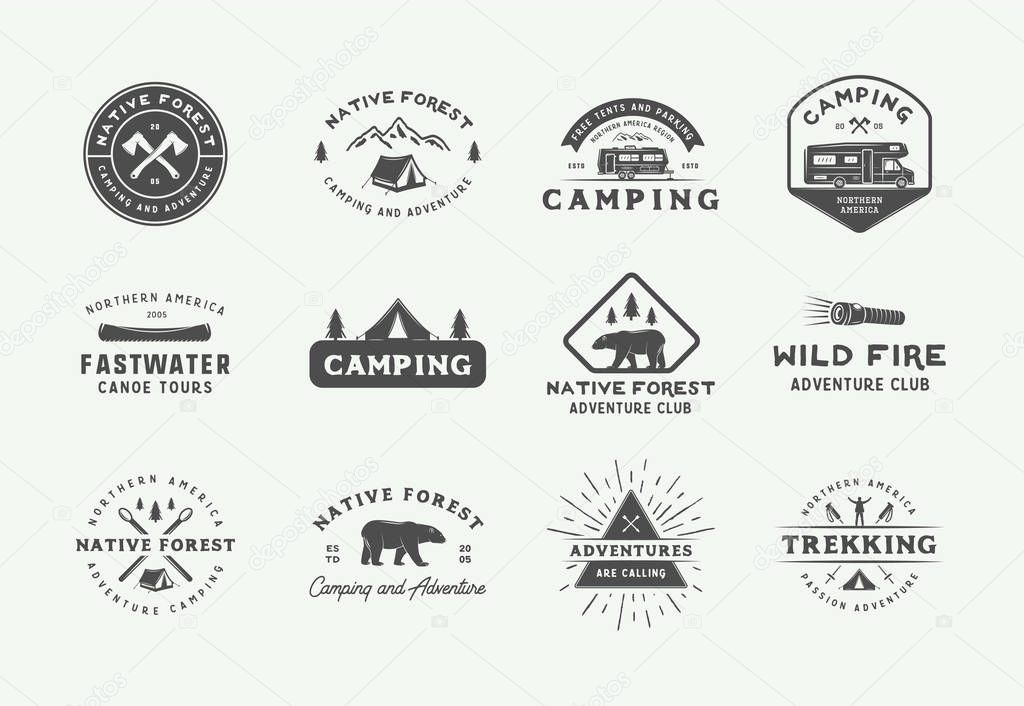 Set of vintage camping outdoor and adventure logos, badges, labels, emblems, marks and design elements. Graphic Art. Vector Illustration.