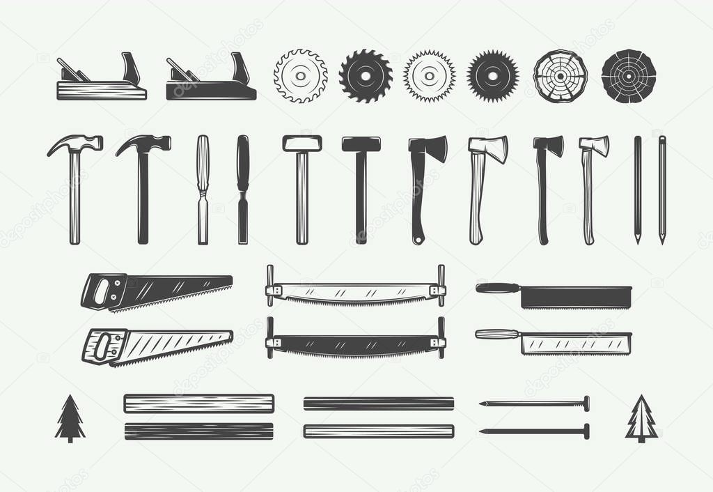 Set of vintage carpentry, woodwork design elements. 